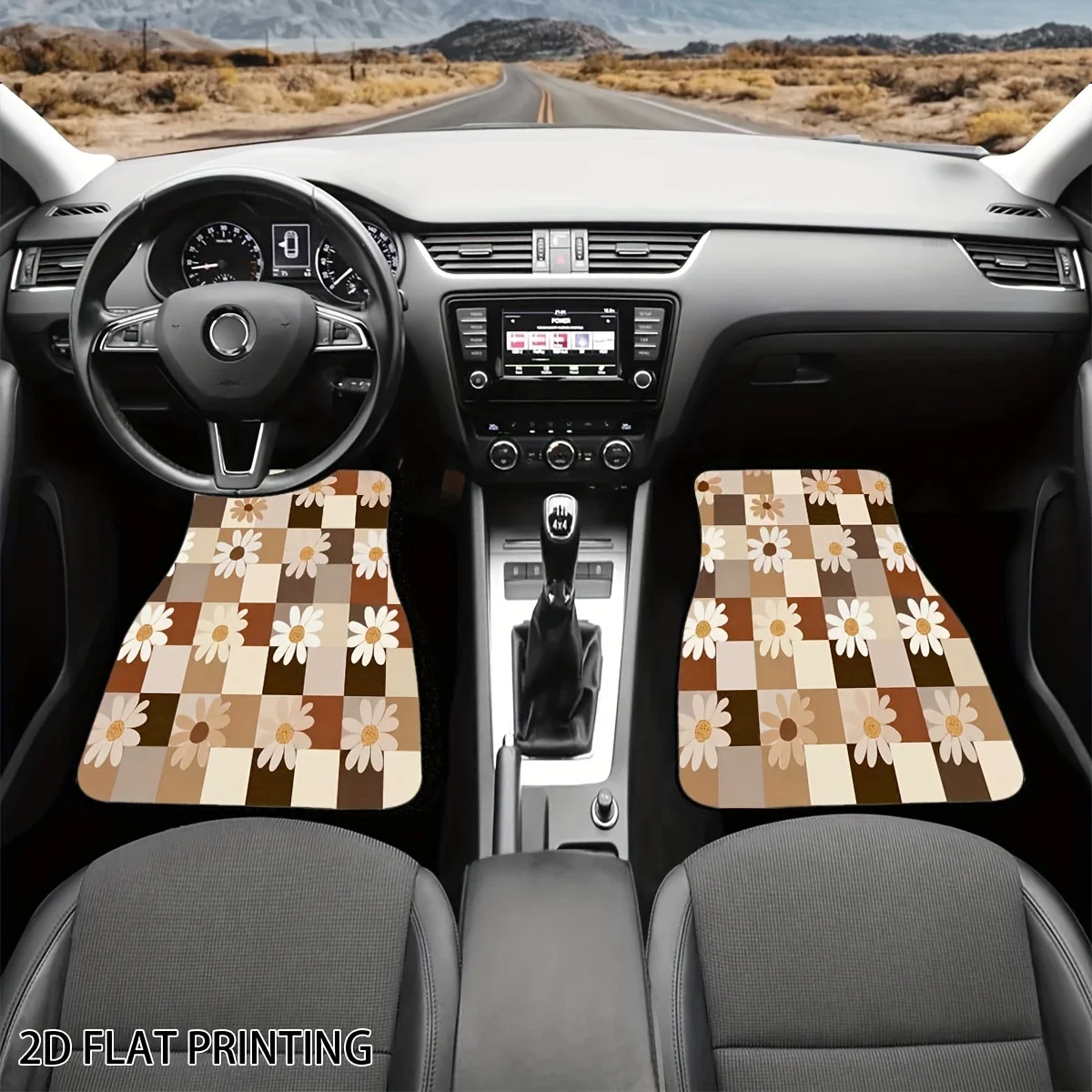 4pcs Car Floor Mats With Elegant Brown Checkered And White Floral Patterns, Universal Material Interior Additions Suitable For A