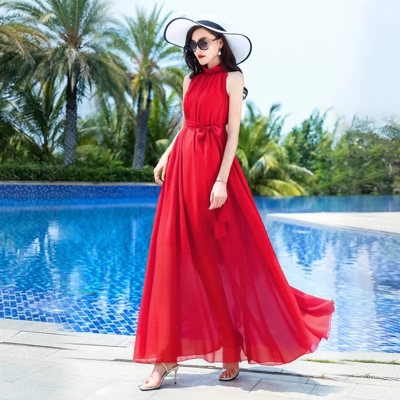 Super Long Dress 2023 New Bohemian Solid Chiffon Large Size Dress Holiday Beach Dress Summer Elegant Big Swing Dress Purple Red