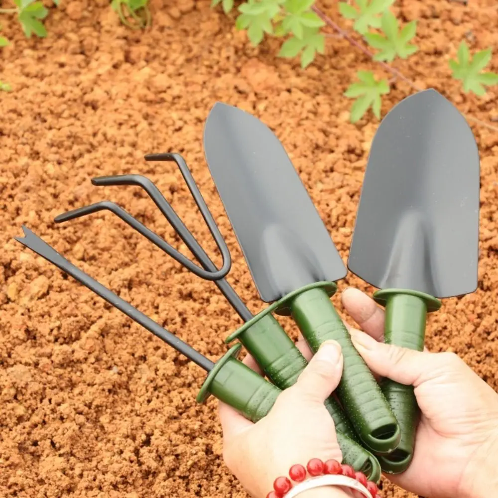 

1/4pcs Non-Slip Handle Gardening Shovel Fork Rake Kit Metal Small Three-tooth Harrow Hanging Hole Design Portable Plants Shovel
