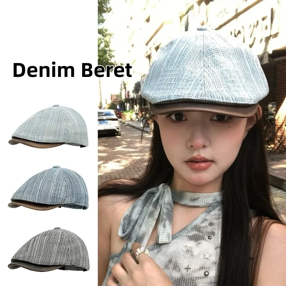 

Vintage Retro Denim Beret Y2k Flat Brim Cowboy Beret Versatile Artist Painter Cap Unisex