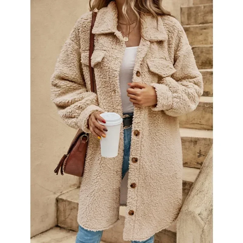 Winter Fleece Trench Jackets Women Long Sleeve Lapel Plush Coat Jackets Loose Long-Cut Coat Trend Open Button Outwear Trench