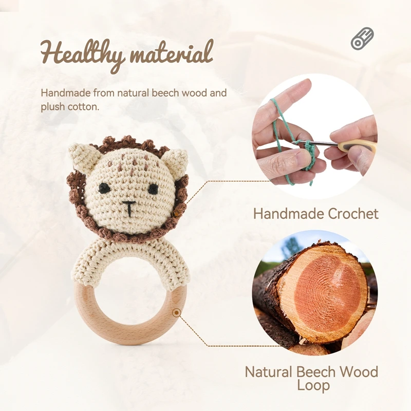 DIY Crochet Rattle Ring Baby Teether Safe Wooden Toys Mobile Pram Crib Soother Bracelet Teether Set Baby Product Newborn Gifts