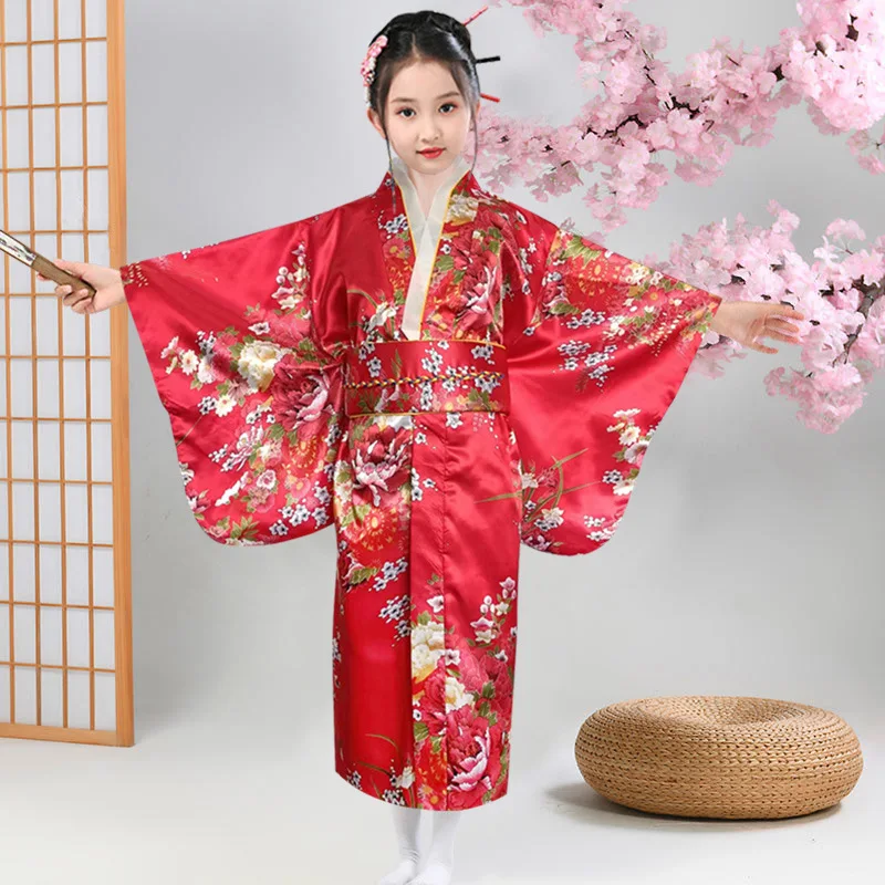 New Children\'s Epiphyllum Kimono  Printed Japanese Bathrobe Girl  Temperament Bow Princess Skirt Performance Dress  kimono