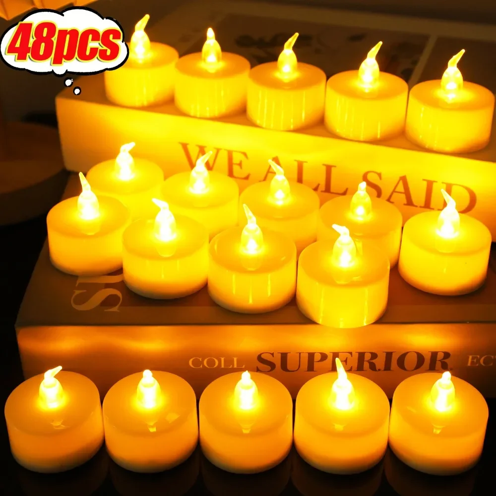 6/48pcs LED Electronic Candle Warm Yellow Flameless Wishing Tea Light with Battery Home Wedding Party DIY Gift Decoration Supply