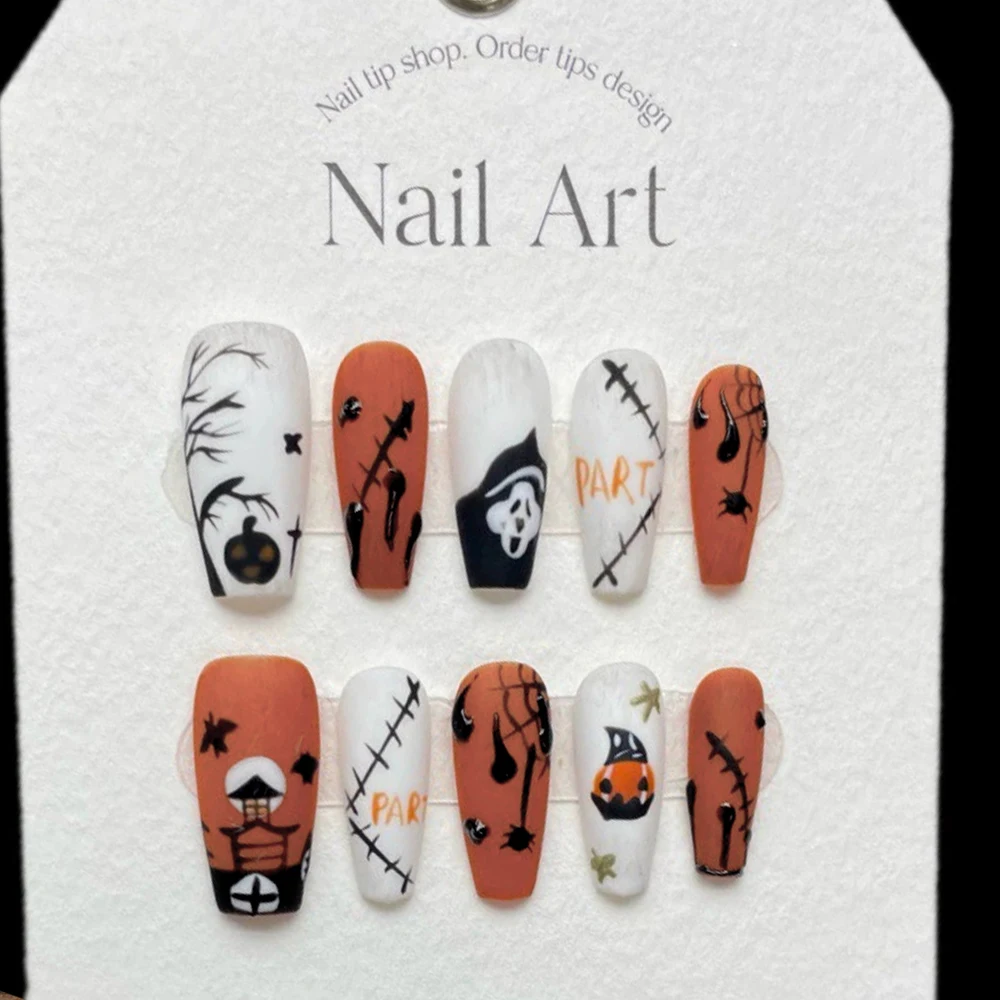 

10 PCS Hand-drawn Pumpkin Halloween Design Long Ballet Press on Nails Ghost Bat Blood Drops Nail Art Fake Nails
