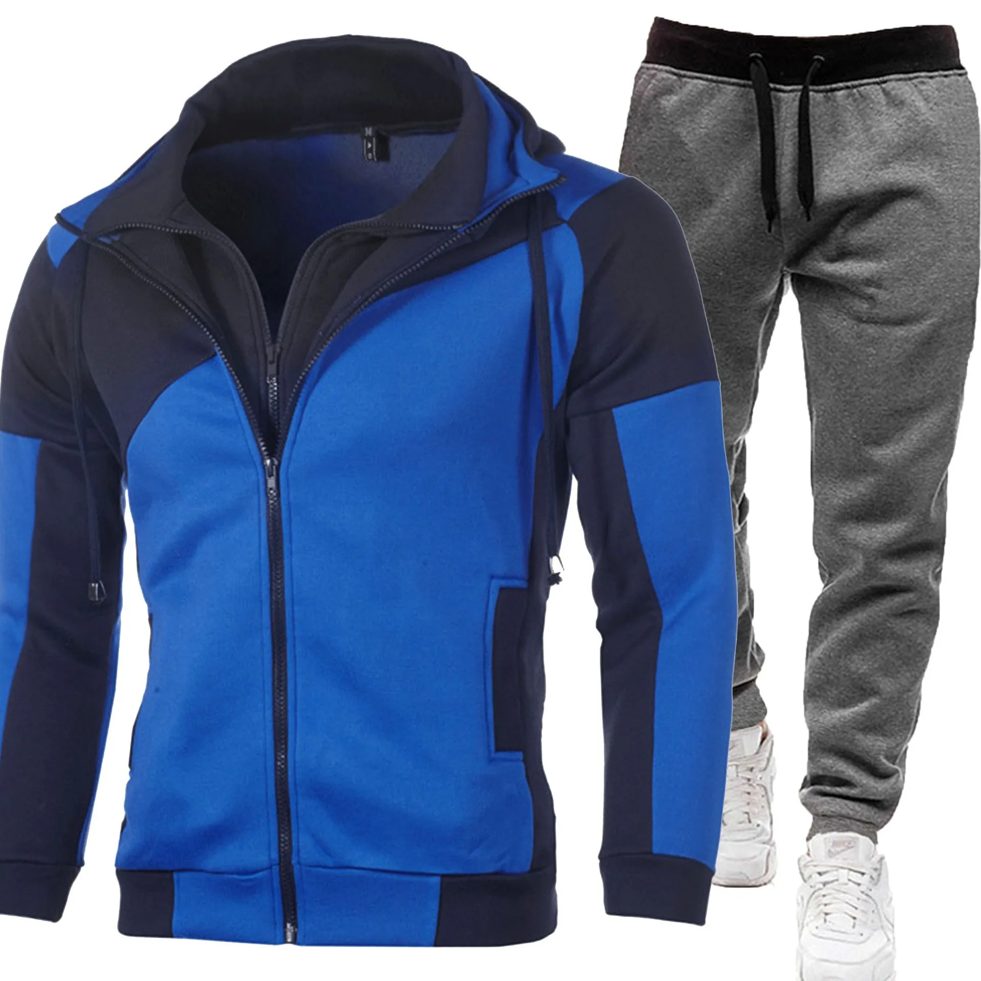 Setelan Olahraga Pria Musim Gugur Musim Dingin, Hoodie Ritsleting dan Celana 2 Potong, Pakaian Olahraga Kasual, Setelan Lari Jogger, Baju Olahraga Fitness