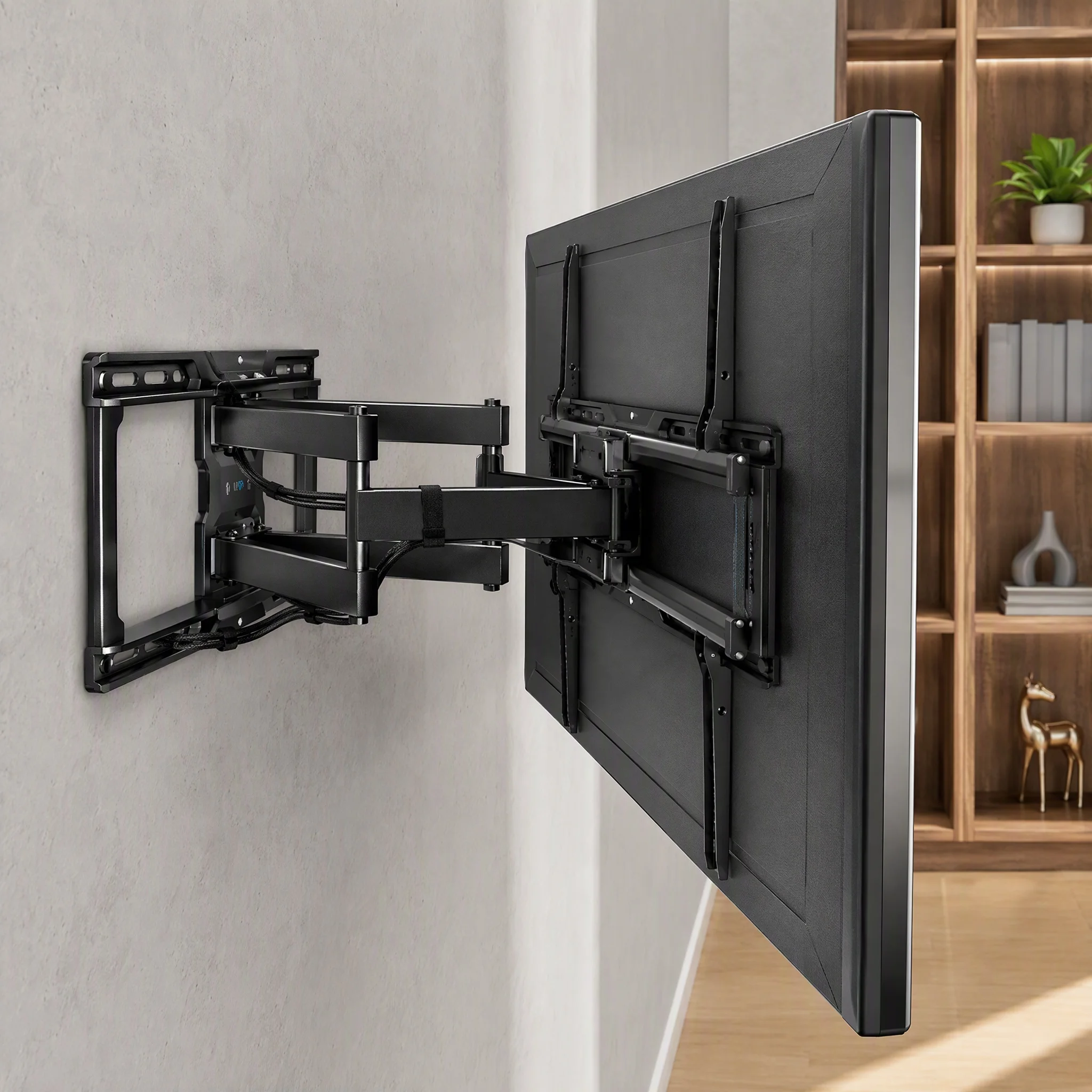 Full Motion 6‑Arm TV Wall Mount with Integrated Wall Panel, Heavy Duty Universal TV Bracket for 42‑100 Inch Large TVs, Swivel Tilt Level Adjustment, VESA up to 600x600mm, Fits Wood Concrete Brick Walls