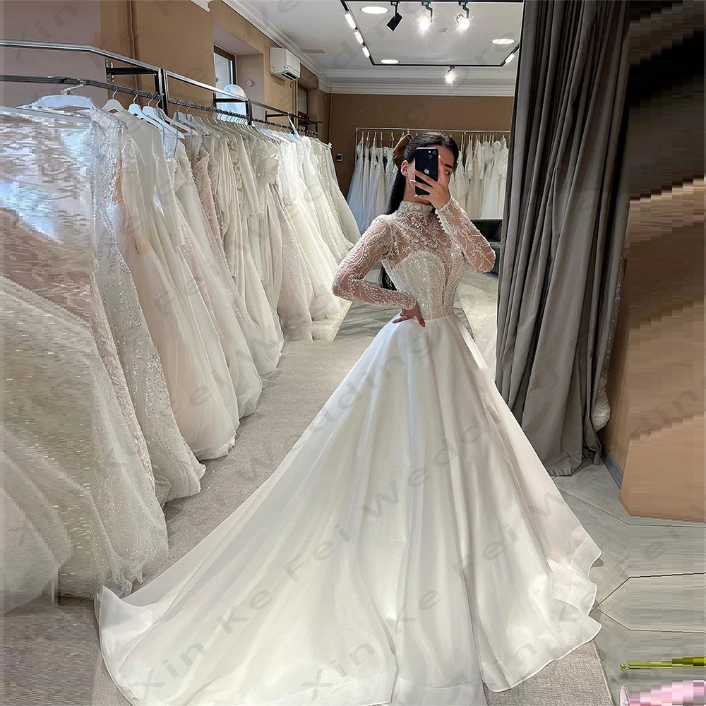 Gorgeous Women's Wedding Dresses Long Sleeved Glitter A-Line Detachable Bubble Sleeve Princess Prom Bridal Gowns Formal Party