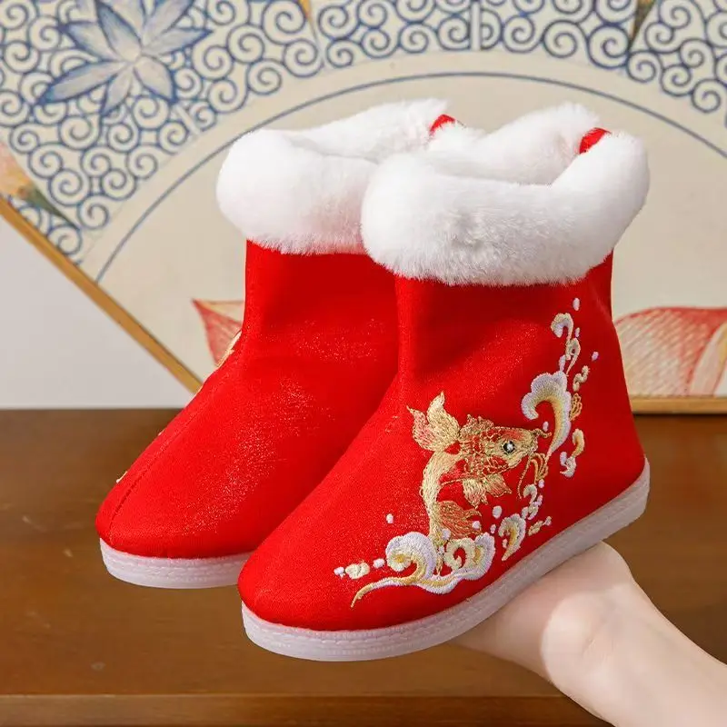 Winter Children's Red High Top Embroidered Cotton Boots Rubber Sole Plush Warm Slip On Ethnic Style Hanfu Shoes New Year Shoes