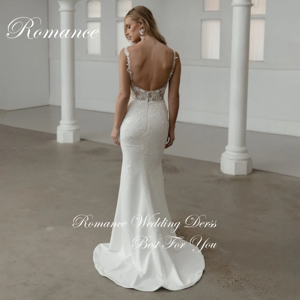 Elegant Spaghetti Appliques Straps V-Neck Mermaid Wedding Dress Women Lace Open Back Bridal Gown Vestidos De Novia Customized
