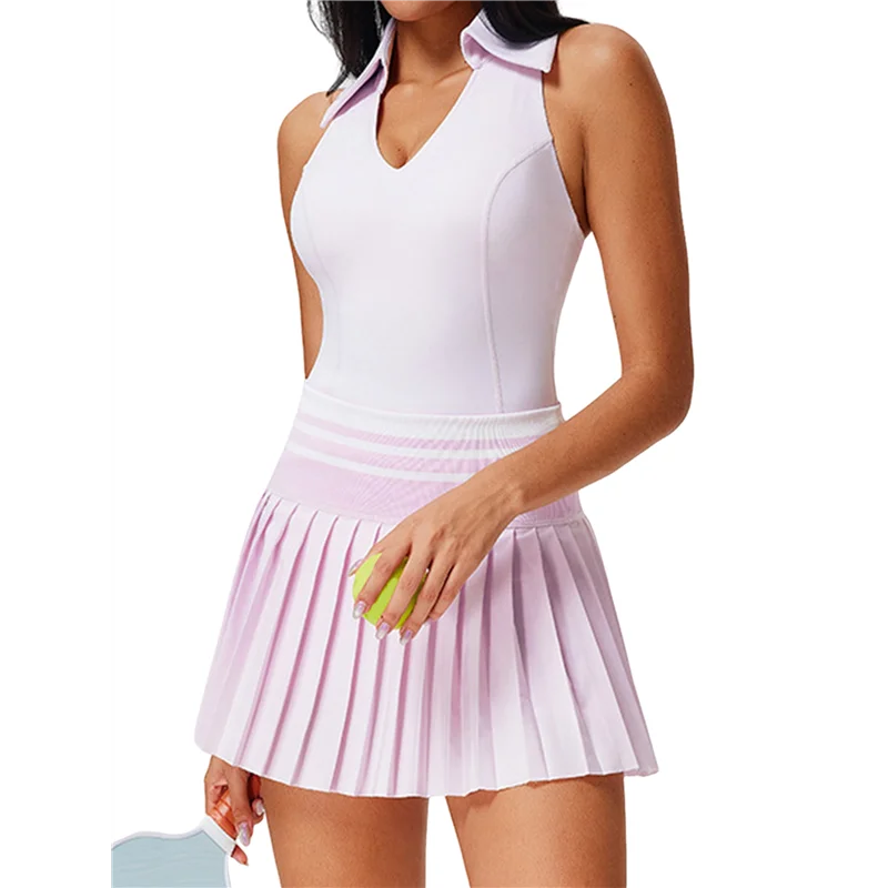 

ABMV-Women's Tennis Skirt Ribbed Golf Skirt Half Zip Pleated Sports Skirt With Built-In Shorts And Bra