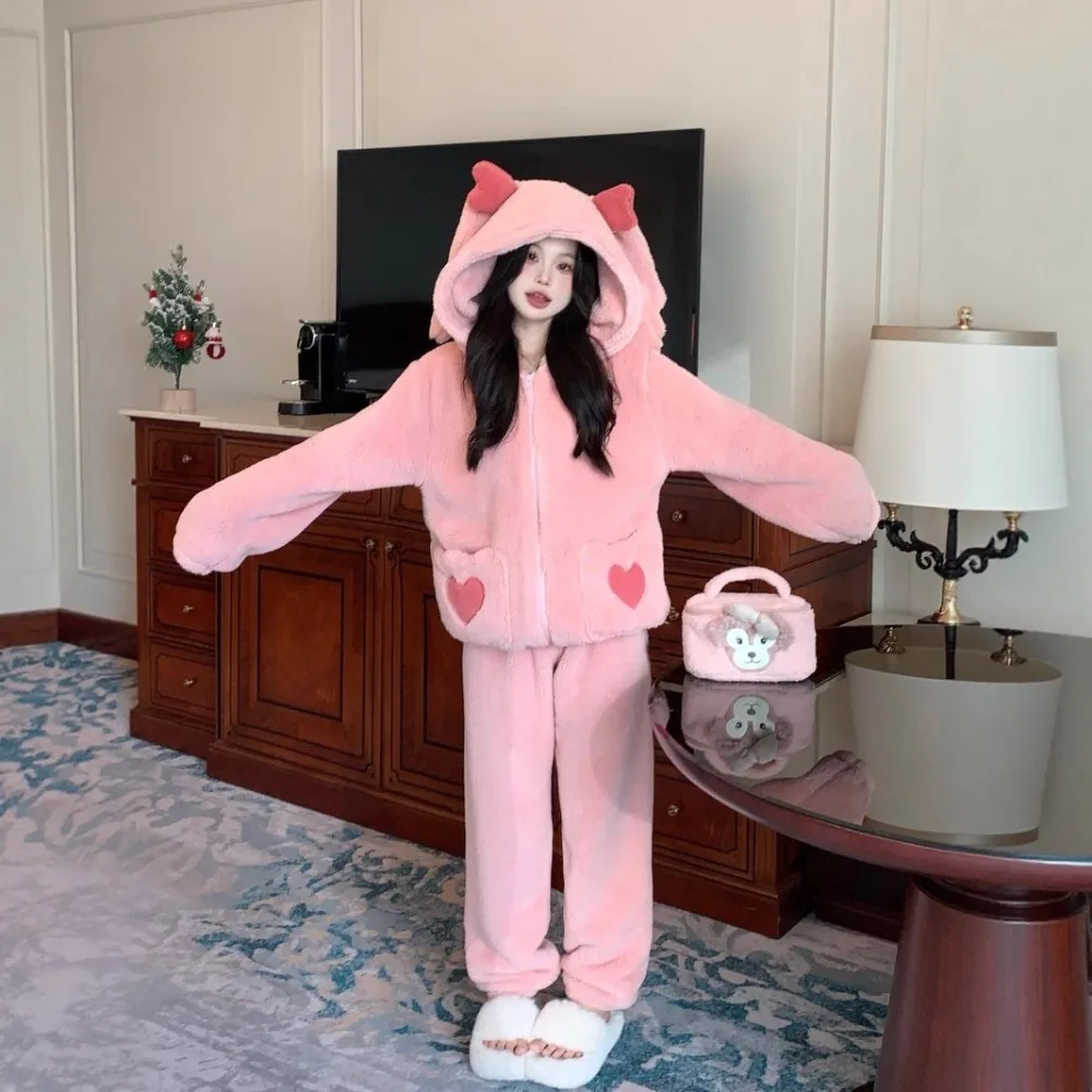 2pcs-cute-pink-heart-ear-hooded-pajama-set-for-women-soft-coral-fleece-zipper-loungewear-warm-plush-long-sleeve-home-sleepwear