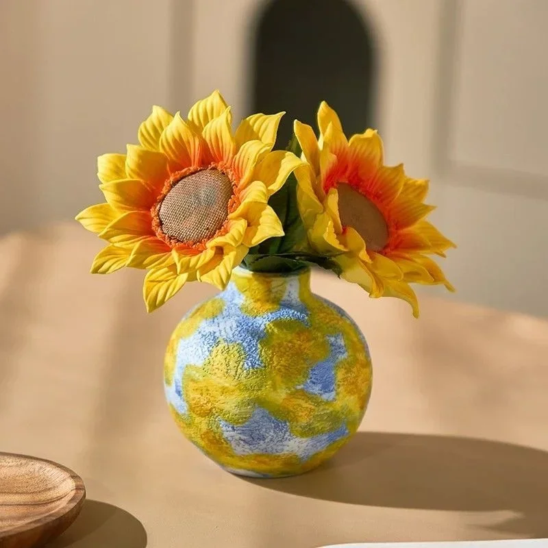 10cm Ceramic Vase Artificial Sunflower Flower Pot Hand Painted Tabletop Planter Living Room Desktop Home Decoration Ornament