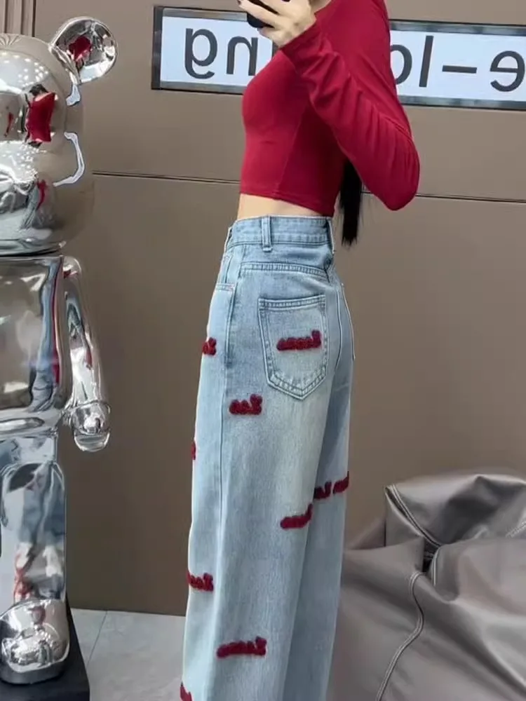 

Retro American High Waist Jeans High Street Design Sense INS Small Letter Embroidery Color Block Loose Wide Leg Pants