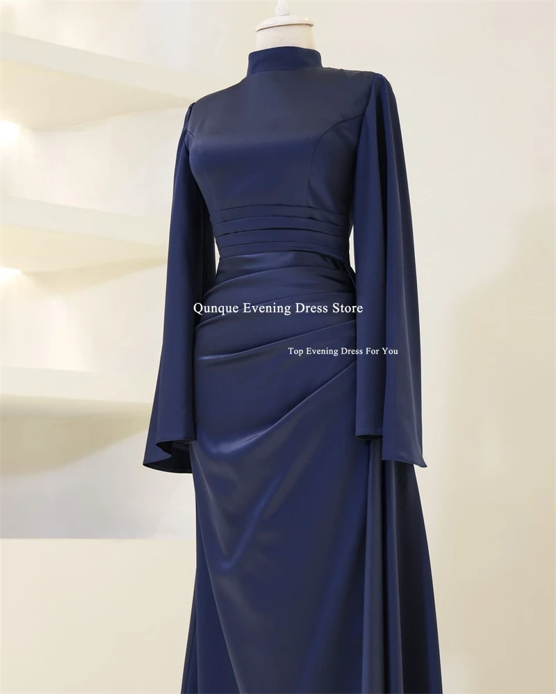 Qunque Modest Elegant Evening Dresses فساتين سهرة Dubai Women Pleat Prom Dresses High Collar Full Sleeves Prom Gowns Customized