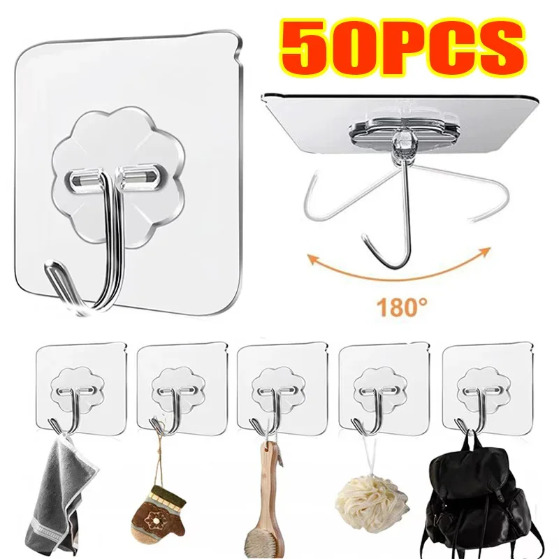 Self-adhesive Adhesive Wall Hanging Hooks Heavy Duty Transparent Seamless Hooks Keys Bathroom Shower Outdoor Kitchen Door Home