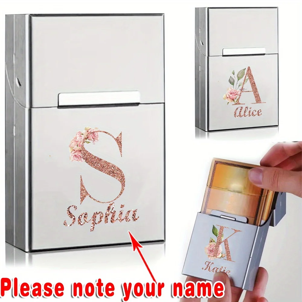 Customized Name Cigarette Case Holds Full Pack 20pcs, Silver Aluminum Flip Holder Hard Shell Pocket Box for Men