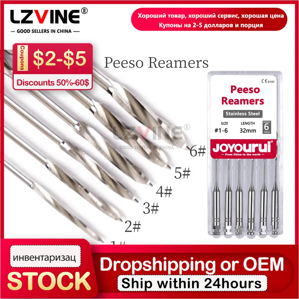 6Pcs Dental Peeso Reamer 32mm 28mm Endodontic Files Fiber Post Drills Burs Engine Use Dentist Material for Root Canal