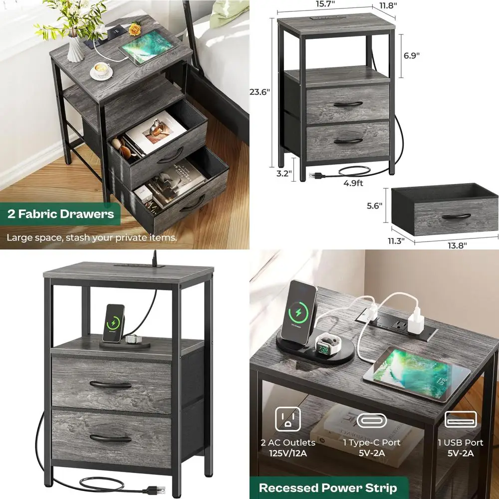 

Тумбочка с зарядной станцией, тканевые ящики, торцевой столик с открытой полкой, прикроватная тумбочка с USB-портами и розетками, ночной столик