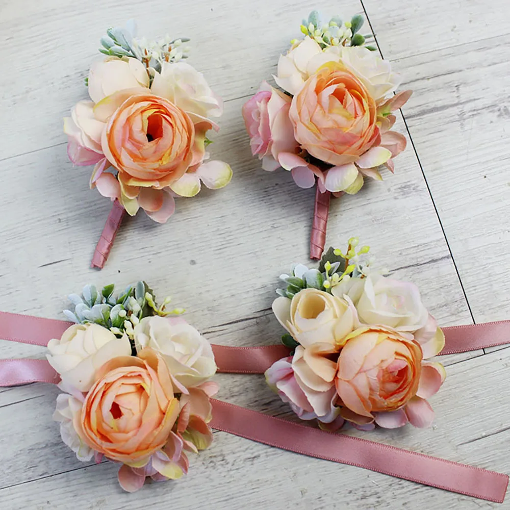 Boutonniere de boda de champán hecho a mano para invitados, Pin de solapa de rosa de seda, ramillete de muñeca de novia, pulsera de flores, decoración de fiesta de boda