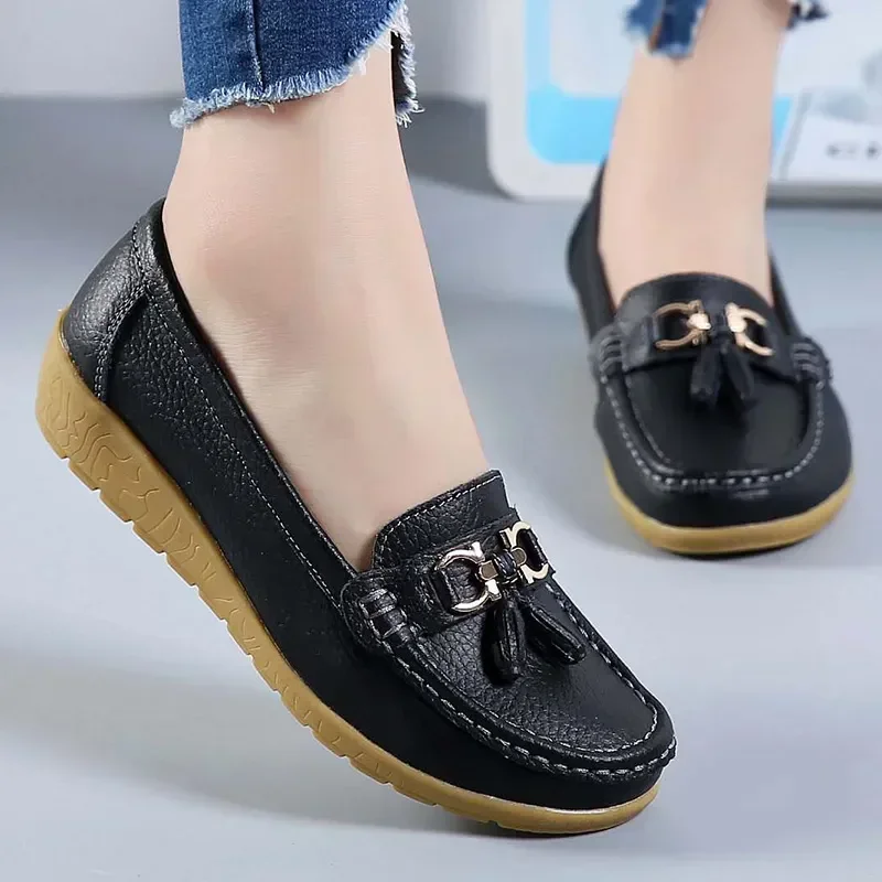 2024 Women Flats Genuine Leather Shoes Woman Platform Casual Soft Women\'s Loafers Shallow Slip On Shoes Women Nurse Ladies Shoes