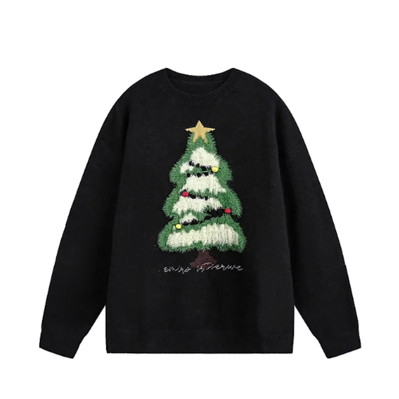 Christmas Tree American Retro Plu Cisas Tree Red Round Neck Sweater Men Women Couples Loose Versatile Knitted Pullover Trendy