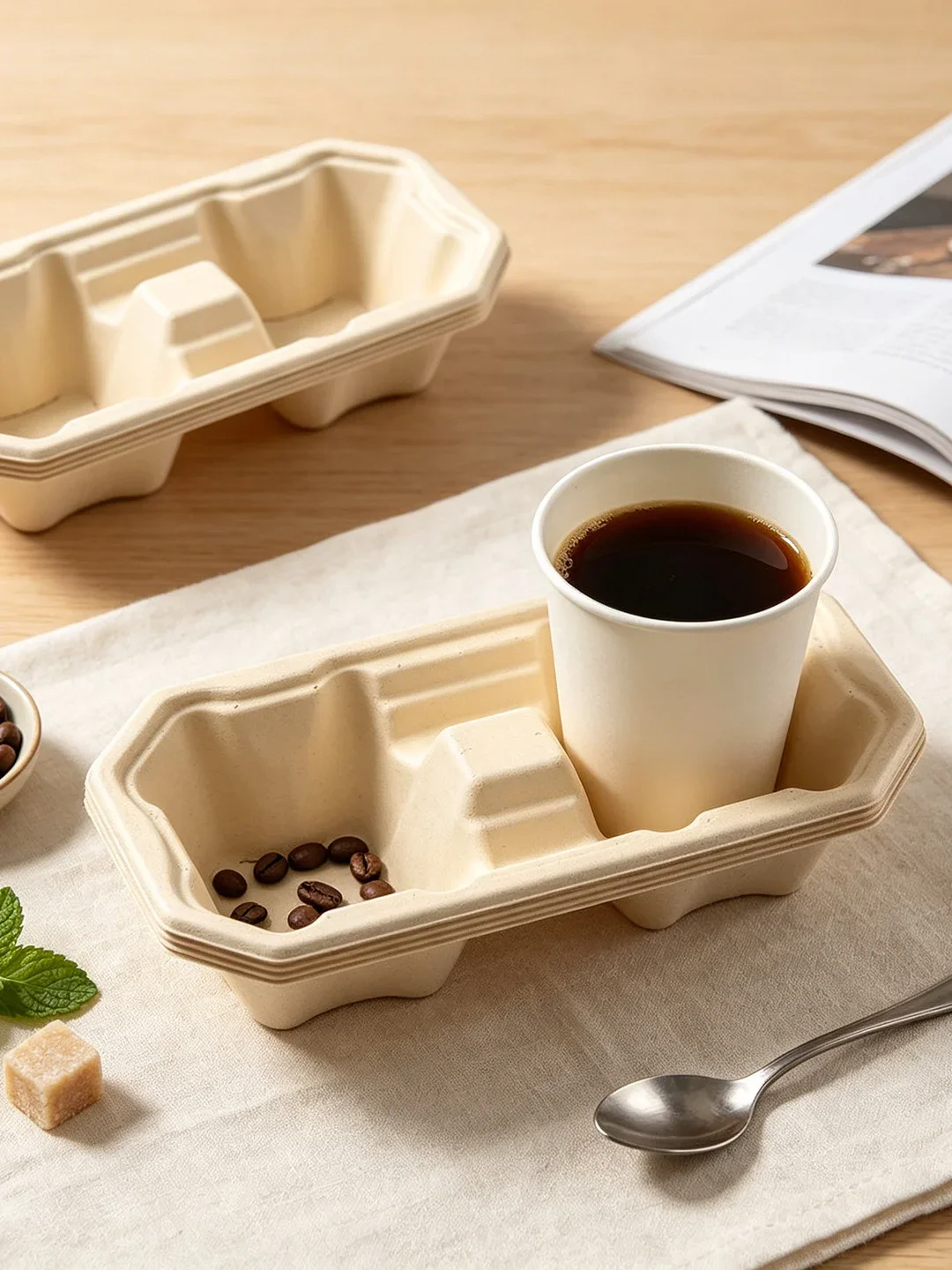 Commercial Bamboo Pulp Cup Coaster Disposable Coffee Shop Milk Tea Four Cup Base Holder High-End Sensation Tableware