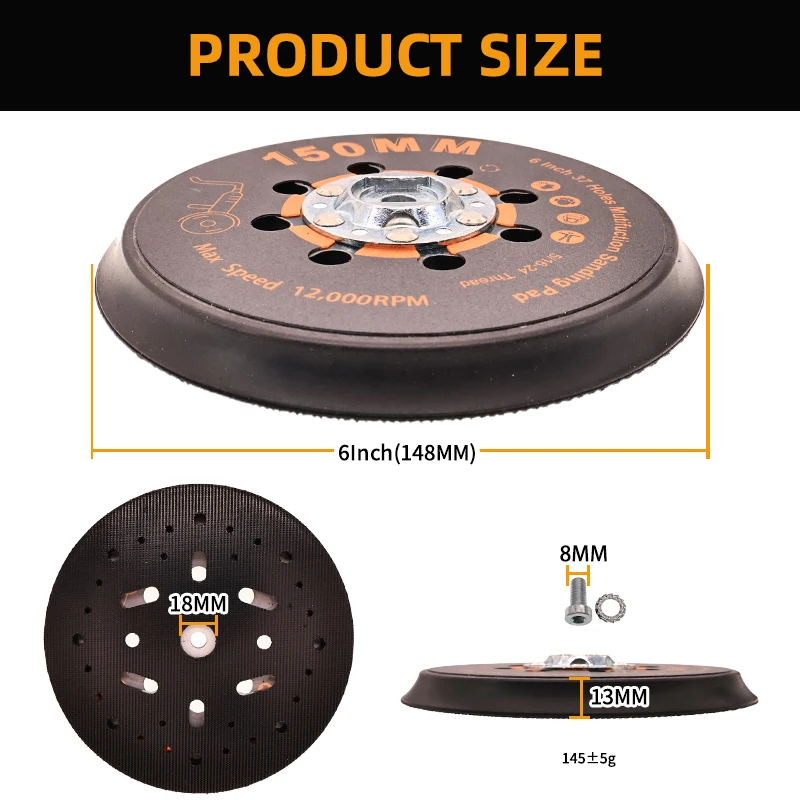 6 Inch 37 Hole Sanding Backing Pad 1/2 Pcs Hook and Loop Plate 5/16-24 Thread for Car Paint Wood Metal Polishing Grinding