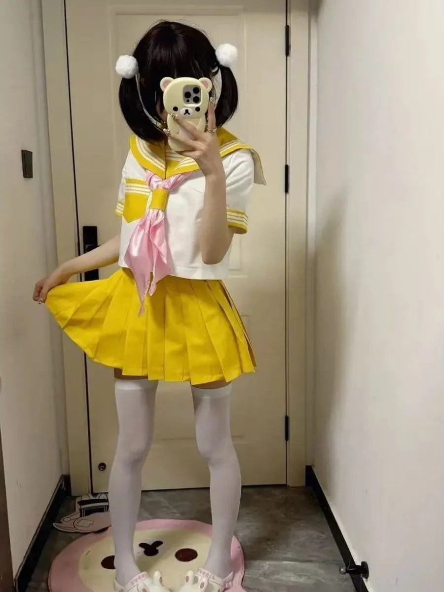 Sweet Style Short Skirt Original Design Soft Girl Yellow Sailor Outfit Breathable Polyester Blend  Collar Button up Shirt