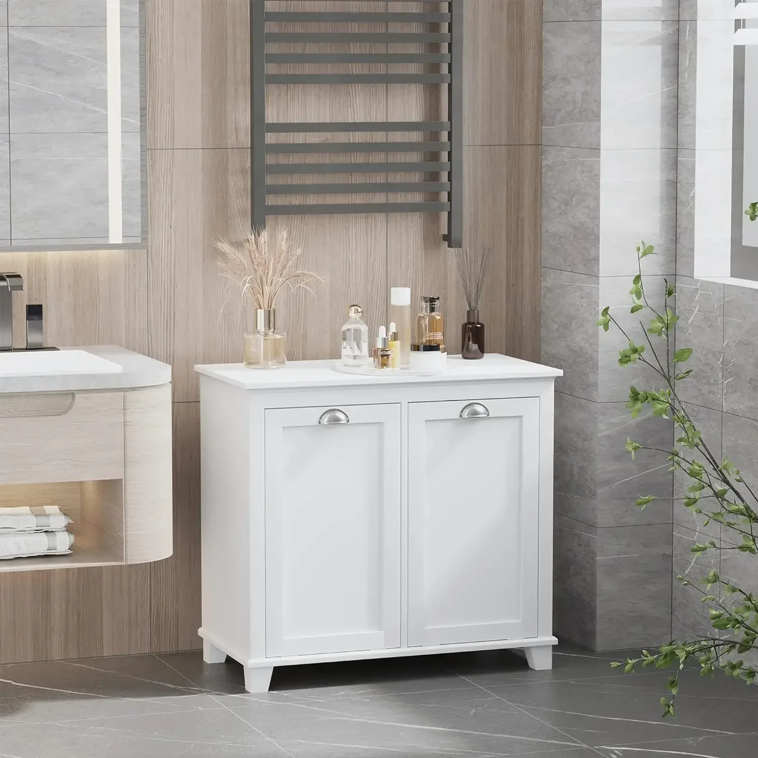 Dual Tilt out Laundry Hamper Cabinet, Bathroom Storage Cabinet with 2-Compartment Hamper, Modern Bathroom Floor Cabinet