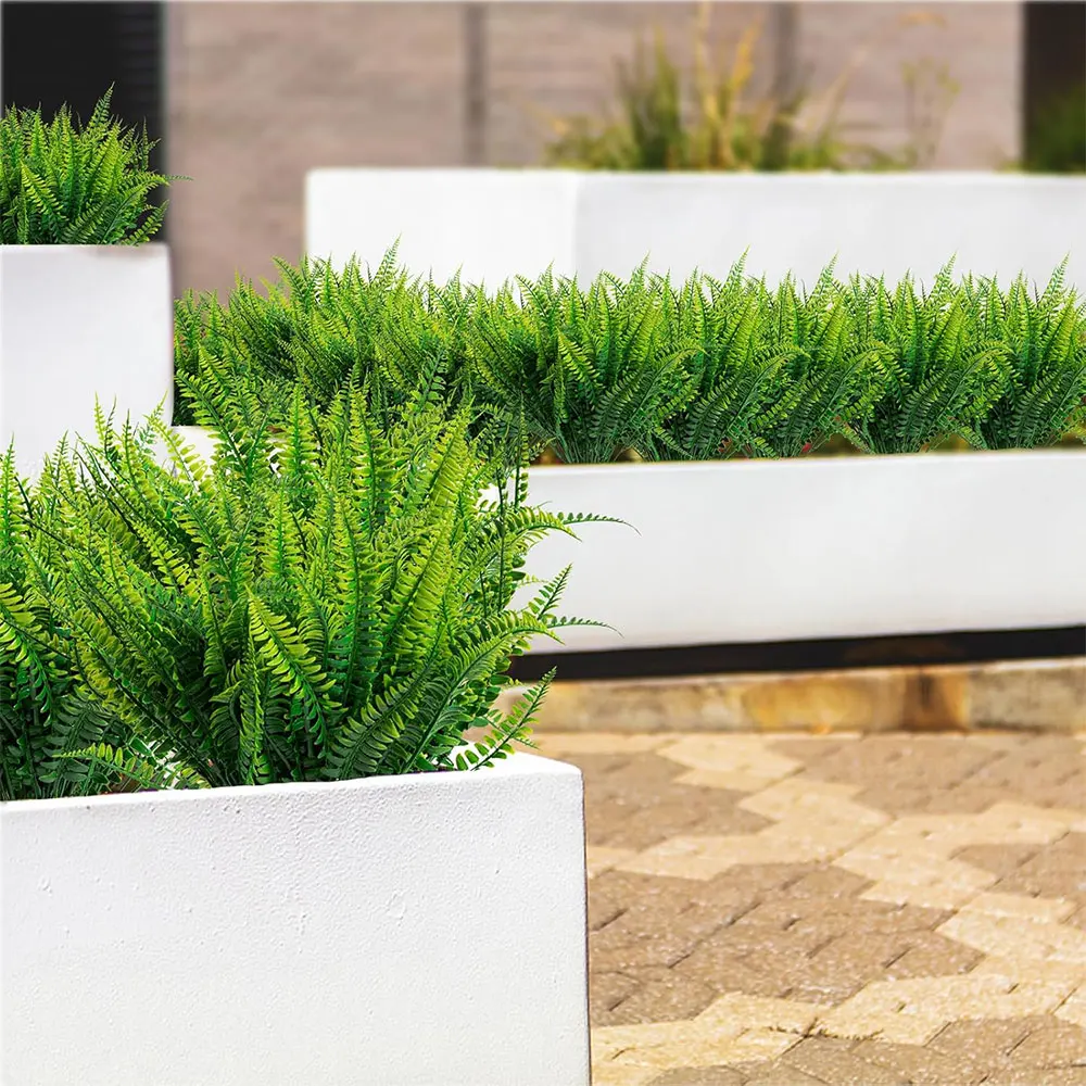 نباتات السرخس الاصطناعية بوسطن السرخس المزيفة نباتات صناعية شجيرات خضراء مقاومة للأشعة فوق البنفسجية لا تتلاشى حديقة الشرفة نافذة صندوق ديكور