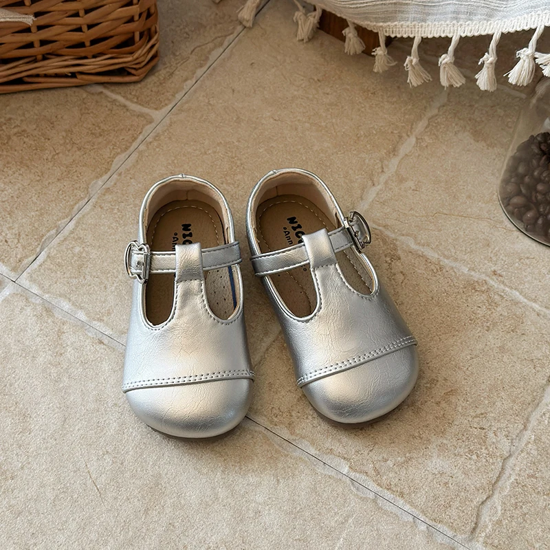 Toddler Leather T-Strap Mary Jane First Walkers Princess Single Buckle Soft Sole Retro Casual Footwear Kids Shoes for Girl