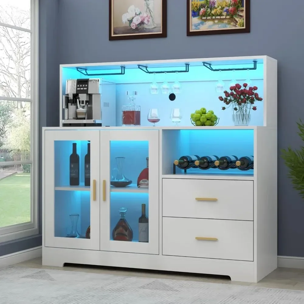 Wine Bar Cabinet with LED Light, Home Coffee Cabinet with Wine and Glass Rack,  Modern Liquor Cabinet for Living Room