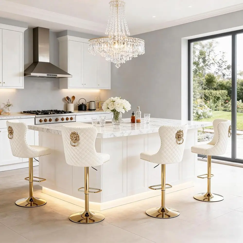 

Set of 4 Adjustable Swivel Velvet Bar Stools with Lion Pull Ring, Cream Upholstered Counter Height Chairs for Kitchen Island or