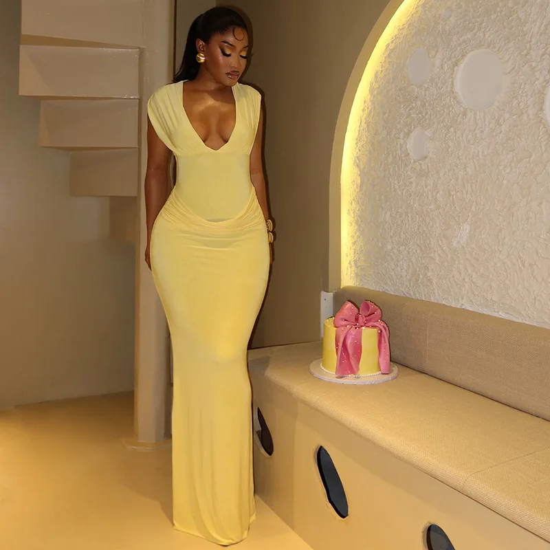 Falda de tubo plisada para mujer, ropa de calle ajustada minimalista europea y americana, vestido elegante sin mangas con cuello en V Sensual