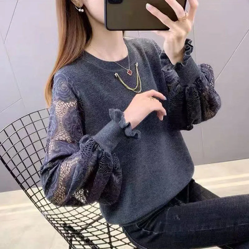 New Spring and Autumn Fashion Trend Hollow Out Embroidered Round Neck Foreigner Versatile Loose Thin Long Sleeve Knitted Sweater