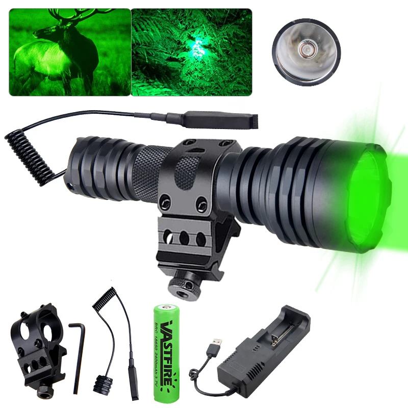 Powerful 500Yards C8s Professional Green Red Hunting Flashlight 1-Mode Torch USB Rechargeable Lantern+Switch+Mount+18650+Charger