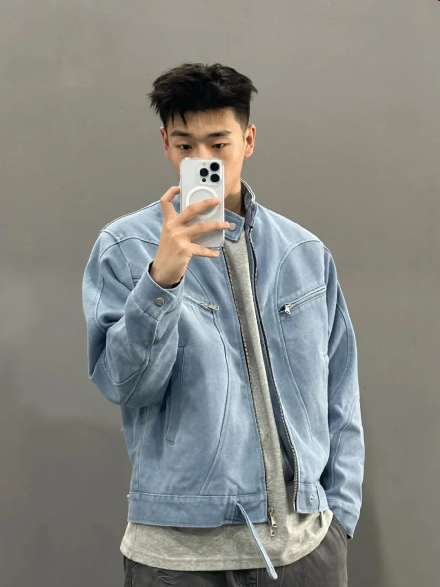 

Waed Heavyweight Men's Jaet American Sle Autumn Winter Design Patchwork Boxy Wide Top Windproof Long Sve Zipper Closure