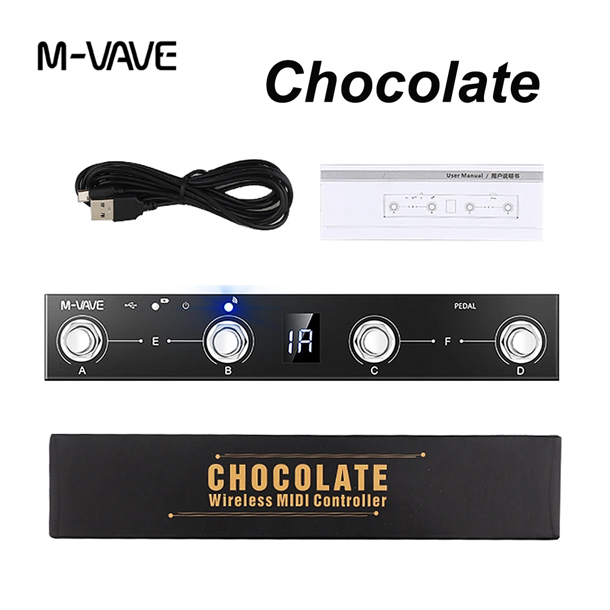 

M-VAVE Chocolate Wireless MIDI Pedal – 4 Programmable Stomps, Compact 212x36x17mm, 280g, USB‑C, Page Turner for Sheet Music