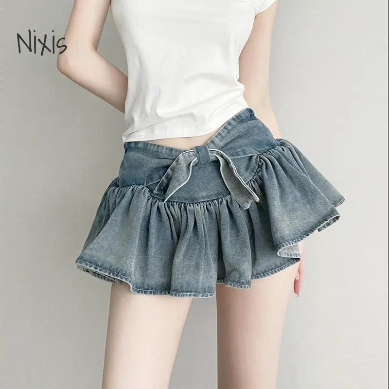 Bow Cake Denim Shorts Skirt Cheerleading Team A-Line Bow Tie High Waist Sexy Mini Skirt Summer Female Y2k Clothing Vintage