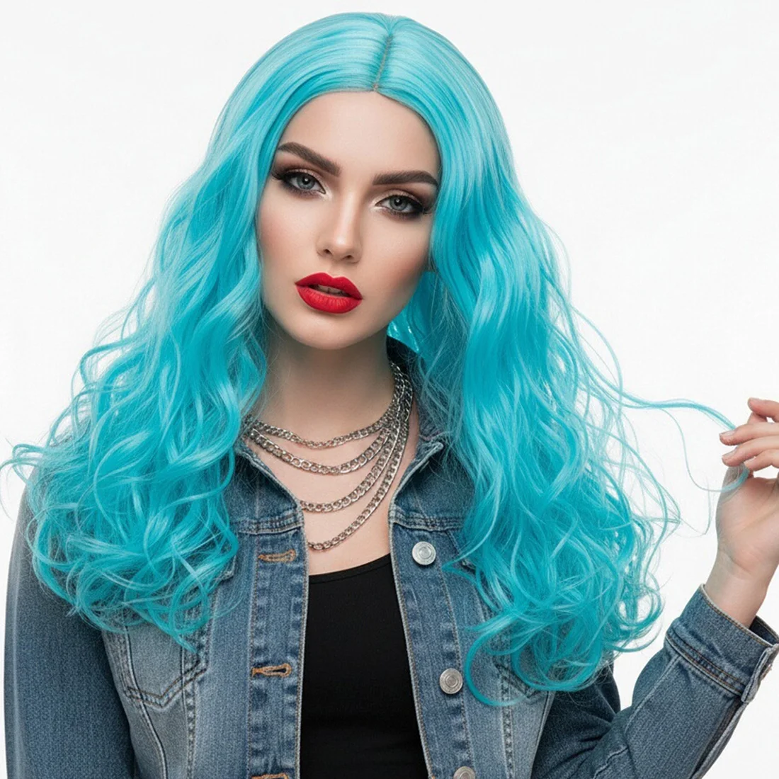 Heat Resistant Long Wavy Blue Cosplay Synthetic Wig for Women Daily Halloween Wear