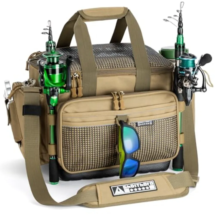 

Сумка для рыболовных снастей Ghosthorn с держателем для удочек, водонепроницаемая, для соленой и пресной воды, большая сумка-ящик для снастей - водонепроницаемое дно, регулируемые ремни