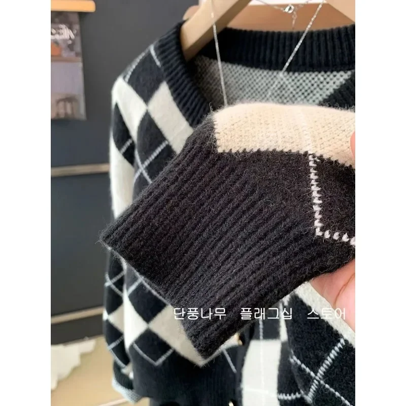 Deeptown Vintage Plaid Knit Cardigan Women Y2k Korean Fashion Autumn Old Money Short Sweater Harajuku O Neck Jumper Aesthetic