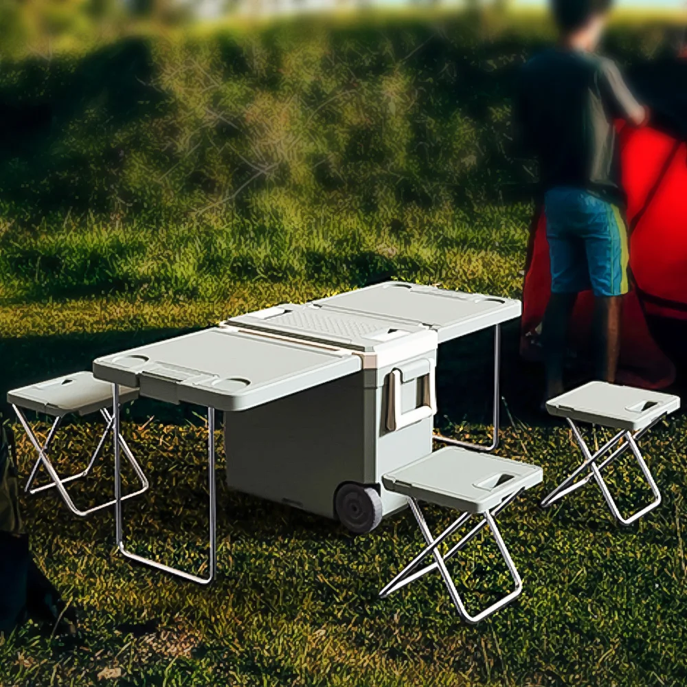 

Custom 32L Nevera Portatil Foldable Camping Picnic Freezer Refrigerator Wheeled Cooler with Tables and Chairs Cooler Box