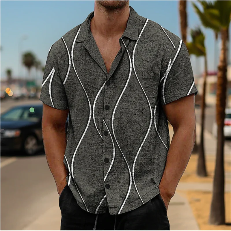 2023 Men's Shirt Line Print Blue Green Gray Outdoor Street Short Sleeve Lapel Clothing Fashion Designer Casual Soft Oversized