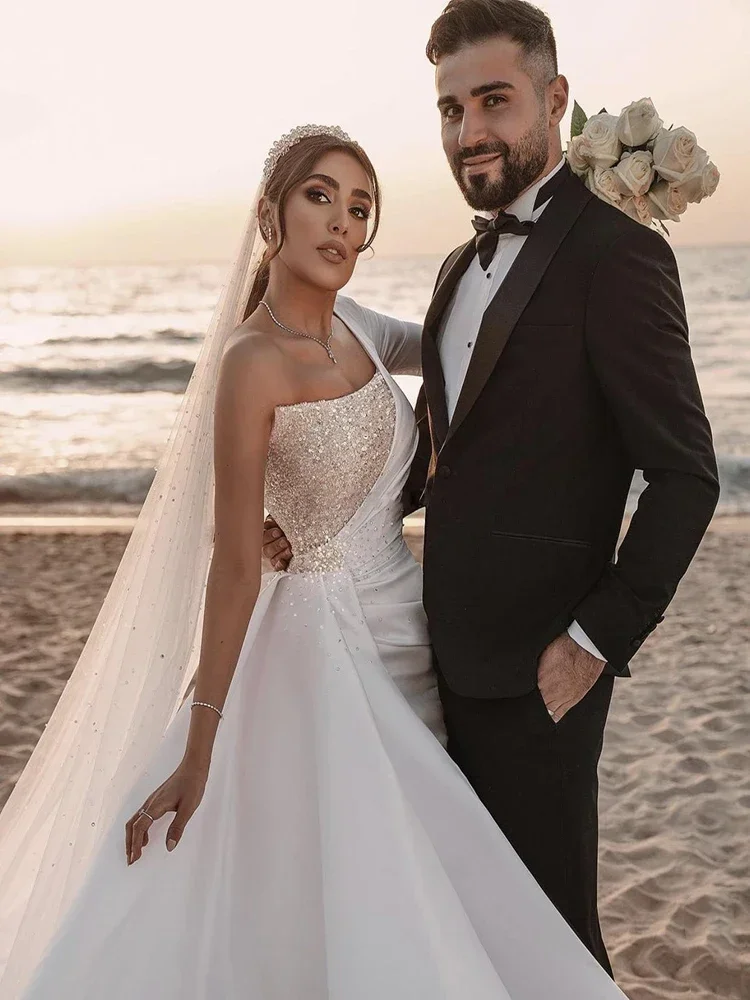 Flavinke personalizado sirena manga larga Dubai árabe Medio Oriente cremallera trasera vestidos de novia vestidos lentejuelas perlas satén