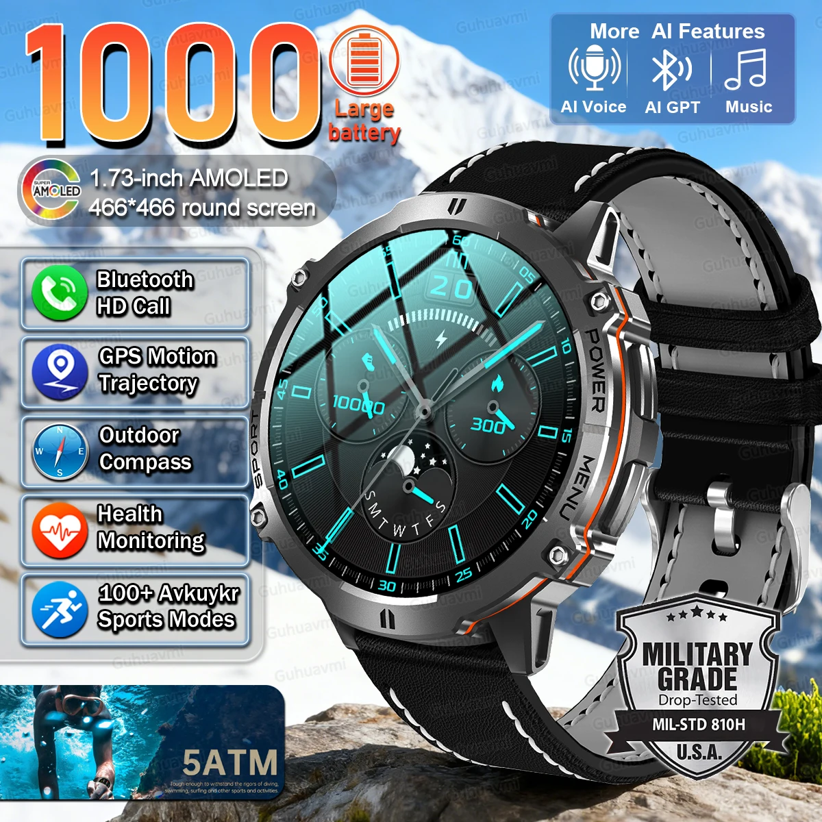 

Men Smartwatch High End Sports Watch 1000mAh Large Battery Waterproof Durable X3 Call AI dial GPT Smart Watch For men outdoors