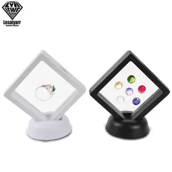 Vitrina flotante suspendida de plástico blanco y negro, soporte de membrana para almacenamiento de joyas, anillos, gemas, monedas y pendientes, caja de soporte, 7x7x2cm