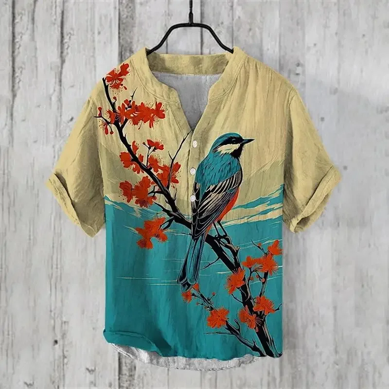 Ukiyo-E Street Trend Heren High-End Bedrukt Linnen Korte Mouwen Zomer Dunne Vintage V-Hals Met Halve Mouwen Losse Casual Top