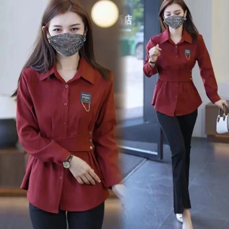 봄 가을 긴팔 폴로넥 불규칙 버튼 우아한 블라우스 솔리드 플리츠 오피스 셔츠 탑 패션 캐주얼 여성 의류